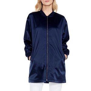 Vince Camuto Womens Longline‎ Jacket PXS Blue Satin Bomber Chic Modern Lined